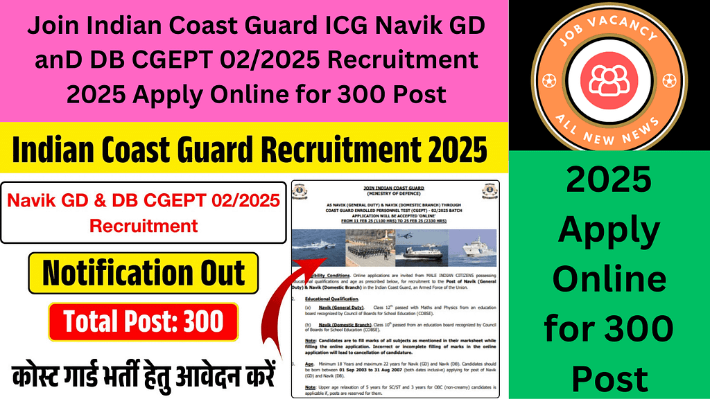 Join Indian Coast Guard ICG Navik GD anD DB CGEPT 02/2025 Recruitment 2025 Apply Online for 300 Post