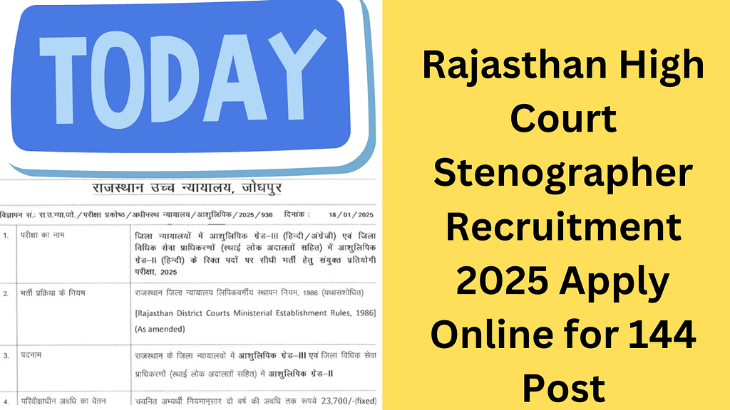 Rajasthan High Court Stenographer Recruitment 2025 Apply Online for 144 Post