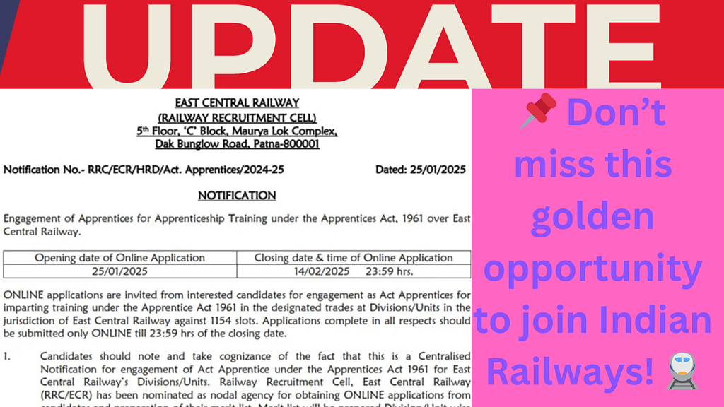 East Central Railway ECR Patna Various Trade Apprentices 2025 Apply Online for 1154 Post
